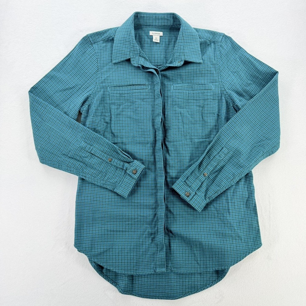 L.L. Bean Shirt Womens XS Green Check Button Up Long Sleeve Woven Casual Top